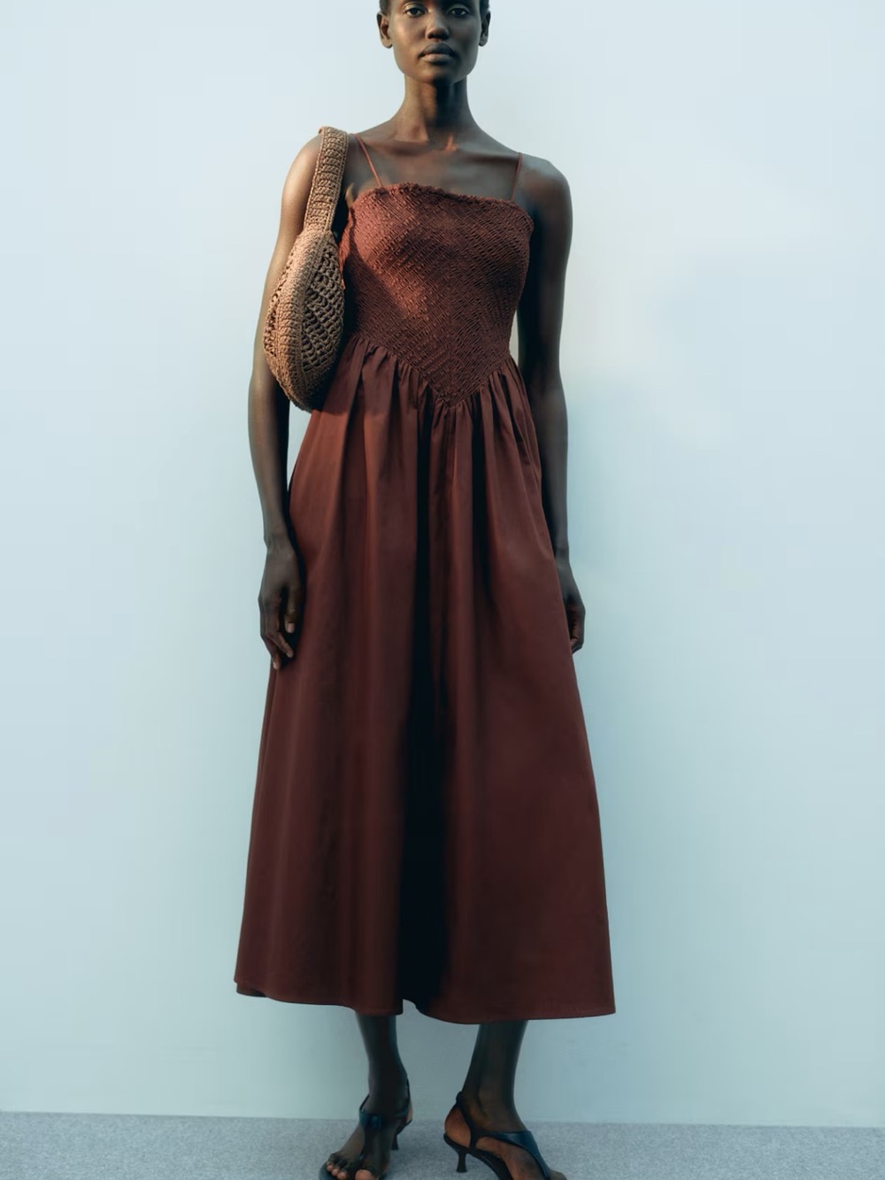 H&M Smocked Cotton Dress Chocolate Brown Stretch & Side Zip XL NWT